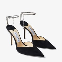 Black Suede Pumps with Crystal Embellishment | SAEDA 100 | Spring Summer 2021 | JIMMY CHOO Heels For Gala Dress, Luxury Black Derby For Workwear, Black Velvet Dress Silver Shoes, Jimmy Choo Saeda 100, Jimmy Choo Saeda, Clothes Board, Fancy Heels, Fun Shoes, Jimmy Choo Pumps