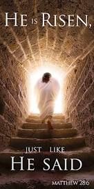 a man walking up some stairs with the words he is risen, just like he said