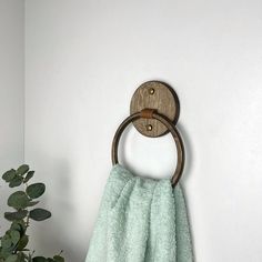 a towel hanging on the wall next to a potted plant and a wooden rack