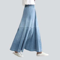 Introducing our bohemian pleated denim skirt from the 2023 Spring-Summer Collection. the perfect blend of boho and fashion!Why It's Your Must-HaveThis skirt is the perfect embodiment of chic boho style. Crafted with a folded design and a elongated length. it exudes an effortless elegance. while the ornamented detailing adds a touch of femininity. The high-waisted form and rubber closure provide a comfortable fit and a look that's sure to turn heads.Key Highlights: Bohemian Beauty: Capture the ti Relaxed Fit Denim Skirt With Elastic Waistband, Relaxed Denim Skirt With Elastic Waistband, Denim Skirt With Elastic Waistband, Relaxed Fit, Spring Casual Non-stretch Denim Skirt, Casual Non-stretch Denim Skirt For Spring, Casual Non-stretch Denim Skirt For Summer, Bohemian Spring Bottoms With Frayed Hem, Bohemian Bottoms With Frayed Hem For Spring, Casual Medium Wash Midi Skirt