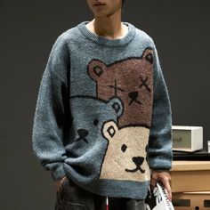 Super Cute Bear Sweater Soft And Comfortable Loose Fit For The Style Look Kawaii Sweater, Bear Sweater, Sweater Oversized, Sweater Oversize, Long Sleeve Pullover Sweater, Cartoon Bear, Sweater Men, Japanese Street Fashion, Cotton Coat