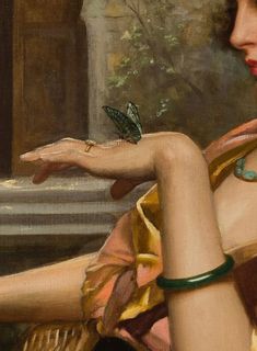 a painting of a woman with a butterfly on her arm and another person's hand in the background