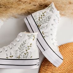 '' Custom Embroidered Wedding Converse Shoes, Wildflowers Embroidered Converse for Wedding, Bridal Flowers Embroidered Sneakers for Bride, Personalized Bridal Sneakers Gift '' 🍀 Price includes Converse Shoes and Floral Embroidery Designs as shown 🍀 🍀 Shoe Type: Converse Platform 🍀 Shoe color: 16. White  1. DETAILS 🍀 You can send me your Converse, Vans, canvas shoes or I can buy them for you. Custom-ordered embroidered Vans and Converse shoes, please wait another 2-4 days. Each pair is hand embroidered to order, please make sure you put in the correct shoe size before you check out. The embroidery is meticulous and does not fade. 🍀 You will receive Vans and Converse shoes with floral embroidery designs as above. 2. PERSONAL EXPRESSION 🍀 Create your unique vibe by your own design of e Vans Embroidery, Embroidered Wedding Shoes, Embroidered Vans, Cute Converse Shoes, Custom Flowers, Vans Custom, Converse Wedding Shoes, Embroidered Sneakers, Bridal Sneakers