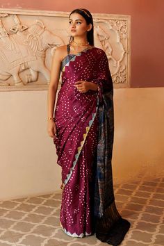 Purple saree with bandhani wave patterns, floral geometric ajrakh printed pallu and zari panel. Comes with an unstitched blouse fabric. - Aza Fashions Bandhani Pattern, Patterns Floral, Purple Saree, Floral Geometric, Printed Sarees, Wave Pattern, Blouse Fabric, Blouse Piece, Aza Fashion