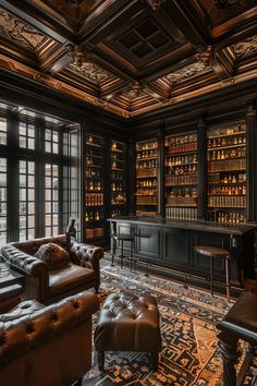 a room with leather couches and chairs in front of a book shelf filled with books