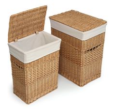 two wicker laundry baskets with white liners