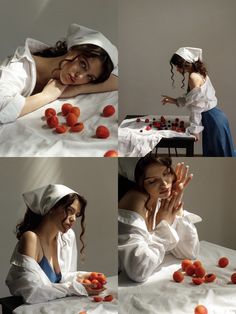 a woman laying on top of a bed covered in tomatoes next to a pile of cherries