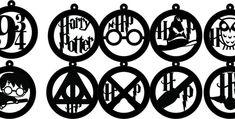 harry potter ornaments are hanging from the ceiling in front of a white background with black lettering