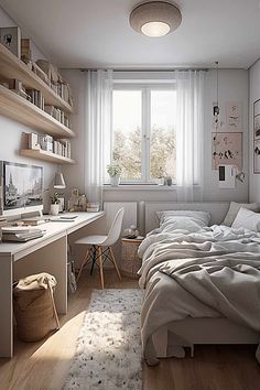 a bedroom with a bed, desk and bookshelf on the wall above it