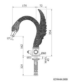 a drawing of an eagle head on top of a door handle with the measurements below it