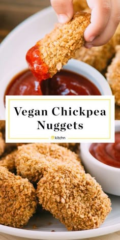 vegan chickpea nuggets on a plate with dipping sauce and ketchup