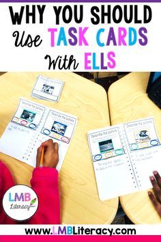 two children sitting at a table with their hands on the desk and text overlay that says, why you should use task cards with ells