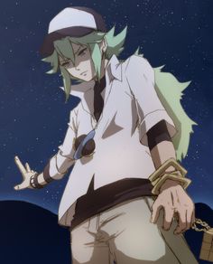 an anime character is standing in front of the night sky with his hand on his hip