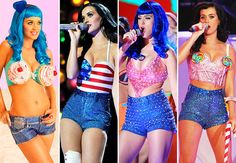 four pictures of the same woman in different outfits, one is singing into a microphone