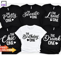 Funny Birthday Group Shirts, Birthday Squad Tees, Birthday Crew Shirts, Customized Birthday Shirts, Birthday Party Tees, Birthday Matching Please make sure you chose your desired style from the drop down menu and review the size chart to ensure you are ordering the best item from you. Most listings have various styles (Short Sleeve Crewneck T-Shirt, Short Sleeve V-Neck, Sweatshirts, Hoodies, Long-sleeve T-Shirt). Please make sure you are ordering your preferred style. The listing profile picture Funny Text Shirt For Birthday, Customizable Black Tops For Birthday Gift, White Shirt With Funny Text For Birthday, Funny Birthday Shirt With Letter Print, Fun Birthday Shirt With Funny Text, Funny White Birthday Shirt, Funny White Shirt For Birthday, Black Shirt With Funny Text For Birthday, Black Letter Print Shirt For Birthday