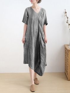 Styles: Holiday Material: 100% Linen Clothing Length: Mid-Calf Sleeve Length: Short Sleeve Collar: V-Neck Pattern: Solid Color Season: Spring/Fall #shirtdress #linen #graydress #traveldress Casual Gray Dress With Asymmetrical Hem, Fitted Pencil Dress, Resort Dress, Short Sleeves Dress, Black Linen Dress, Summer Linen Dresses, Resort Dresses, Summer Linen, Midi Sheath Dress