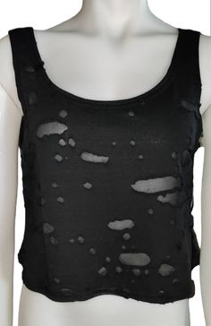 Black tank top.  This fabric looked distressed but is sheer in areas. Summer Ripped Stretch Top, Summer Stretch Ripped Tops, Stretch Grunge Tank Top For Summer, Grunge Stretch Tank Top For Summer, Sheer Tank Top For Night Out, Summer Grunge Stretch Tank Top, Ripped Sleeveless Summer Tops, Grunge Ripped Tops For Summer, Casual Ripped Tank Top For Summer