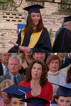 two pictures of people in graduation caps and gowns, one with a surprised look on her face