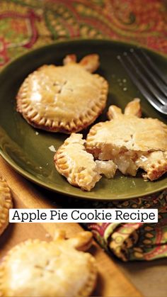 three pies on a green plate with a fork