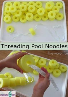 two pictures showing how to make threading pool noodles from fine motor fun