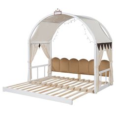 a white bed with a canopy and curtains on it's headboard, in front of a white background