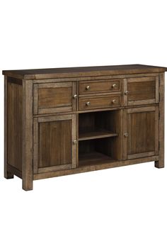 the sideboard is made out of wood and has two drawers, one door open