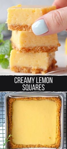 three different views of lemon squares with the words creamy lemon squares on top and below