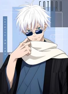 an anime character with white hair and blue eyes is holding his scarf over his face