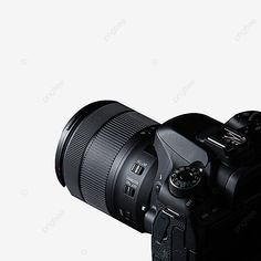 a black camera on a white background with the lens facing up to the camera body