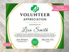 a volunteer appreciation certificate is shown in green and white, with the words volunteer appreciation written on it