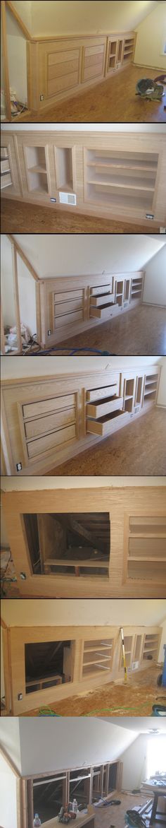 four different views of the inside of a room with shelves and drawers on each side