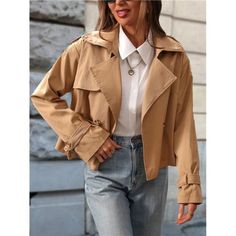 -Item Id 39606038 -Details: Pocket, Double Button -Neckline: Lapel -Placket: Double Breasted -Sleeve Type: Drop Shoulder -Style: Casual -Type: Regular -Color: Khaki -Pattern Type: Plain -Sleeve Length: Long Sleeve -Length: Regular -Fit Type: Loose -Fabric: Non-Stretch -Material: Woven Fabric -Composition: 100.0% Polyester -Care Instructions: Machine Wash Or Professional Dry Clean -Temperature: Spring/Fall (18-25/63-77) -Pockets: No -Body: Lined -Sheer: No **Open To Offers!!!** **Bundle To Save M Trendy Winter Utility Jacket With Button Closure, Casual Double-breasted Cropped Jacket With Pockets, Trendy Double-breasted Outerwear With Pockets, Trendy Khaki Single-breasted Outerwear, Trendy Double-breasted Outerwear For Spring, Trendy Double-breasted Spring Outerwear, Trendy Collared Solid Color Outerwear, Single Breasted Utility Outerwear For Spring, Single Breasted Spring Utility Outerwear