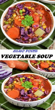 two bowls filled with vegetable soup on top of a table