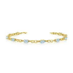 This 10K Yellow Gold Oval Aquamarine and Diamond Link Bracelet features ten 5x3 mm stunning natural aquamarine stones with a 2 ct total gem weight. Metal Type: yellow-gold Metal Purity: 10k Gem Type: Aquamarine Total Gem Weight: 2.00 ct Total Diamond Weight: 0.01 ct Setting: 4-prong Length: 7.00 in. Height: 0.20 in. Width: 0.20 in. Chain Type: other-chain-type Clasp Type: lobster-claw Stone Shape: Oval Stone Total Weight: 2.00 ct Gem Color: Aqua Stone Creation Method: natural Stone Treatment Met Aqua Stone, Color Aqua, Aquamarine Stone, Oval Stone, Natural Aquamarine, Delicate Bracelet, Lobster Claw, Link Bracelets, Aquamarine