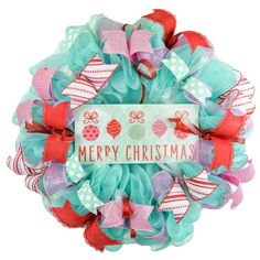 a christmas wreath with the words merry christmas written on it and bows in different colors