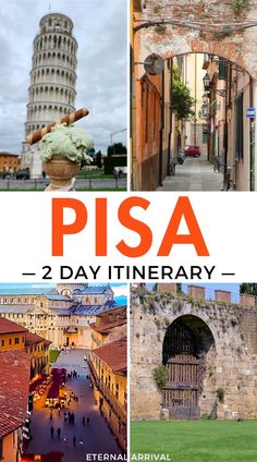 the collage shows different views of pisa, italy and it's surrounding buildings