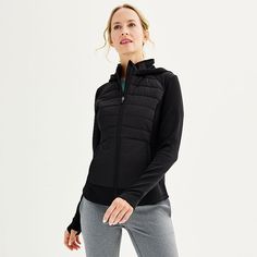 Add an extra layer of style and warmth to your active look with this women's mixed-media jacket from Tek Gear. Add an extra layer of style and warmth to your active look with this women's mixed-media jacket from Tek Gear. TECHNOLOGIES & FEATURES Quilted front Reflective details on hood 2-pocket Lined Zipper front Long sleeves with thumbholesFIT & SIZING 26-in. approximate length from shoulder to hem Regular fitFABRIC & CARE Body: polyester, spandex Lining: polyester Machine wash Imported Size: X Quarter Zip Jacket, Striped Hoodie, Womens Fleece, Petite Women, Womens Size Chart, Women's Coats & Jackets, Outerwear Coats, Outerwear Women, Stylish Women