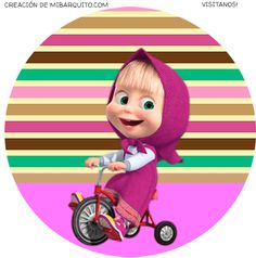 a cartoon character riding a small bike in front of a striped background with the caption's name on it