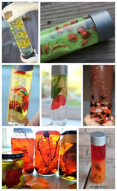 the collage shows many different types of jars and containers with leaves on them,