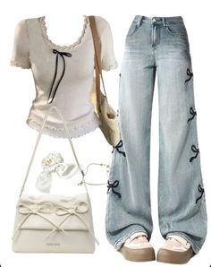 Bag Jeans Outfit, Outfit Inspo Kpop, Jeans And Top Outfit, Outfits With Bows, Cute Outfits Jeans, Summer Outfits With Jeans, Clothes For Travel, School Outfits Ideas, Bow Outfit