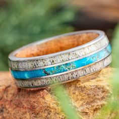 Antler and Wood Wedding Band with Turquoise Turquoise Wedding Bands, Turquoise Wedding Band, Mesquite Wood, Antler Design, Antler Jewelry, Turquoise Men, Ring Inspo, Engraving Fonts, Turquoise Wedding