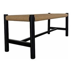 a black bench with a tan seat cushion on it's back and two legs