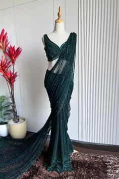 Shop for Riantas Emerald Green Net Embroidered Saree With Blouse for Women Online at Aza Fashions Green Mehendi Outfits For Bridesmaid, Prom Saree, Emerald Saree, Grad Saree, Blacktie Dress, Emerald Green Saree, Green Net Saree, Green Designer Saree, Dark Green Saree