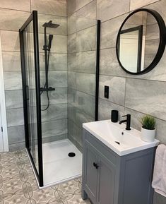 Modern Grey & Black Bathroom From @ourxoxohome Bathroom Ideas Uk Modern, Small En Suite Colour Schemes, Bathroom Ideas Black Taps, Bathroom Grey Tiles Black Accessories, Bathroom Shower Enclosure Ideas, Grey Shower Room Ideas, Grey Bathroom Black Accessories, Dark Grey And Black Bathroom, Black Tap Bathroom