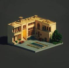 a model of a house with a fountain in the front yard