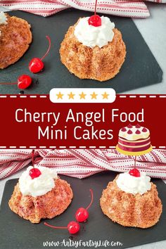 cherry angel food mini cakes with whipped cream and cherries on top, sitting on a black plate