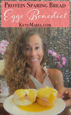 a woman sitting at a table with eggs in front of her and the words protein spring bread egg benedict