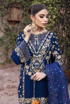 Blue Sharara, Salwar Kameez Pakistani, Pakistani Clothes Online, Pakistani Designer Clothes, Pakistani Clothes, Velvet Dress Designs, Pakistani Wedding Outfits, Pakistani Bridal Wear, Pakistani Wedding Dresses