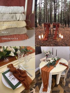 a collage of photos showing different types of wedding decorations and table settings in the woods