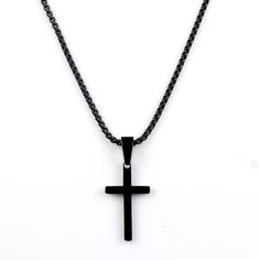 "*Cross Necklace for men is Highly polished shiny both sides surface simple and classic design pendant with 2mm Venetian box chain. *Black Cross Necklace for men, cross pendant with chain High Quality 316L Stainless Steel is Commonly used for jewelry because it will not oxidize or turn black with only minimal maintenance. *Cross Pendant size Small : Length - 0.82\"(21mm), Width - 0.43\"(11mm). Medium : Length - 0.95\"(24mm), Width - 0.56\"(14mm). Large : Length - 1.26\"(32mm), Width - 0.7\"(17mm Black Box Chain Necklace For Formal Occasions, Black Box Chain Necklace For Formal Events, Formal Black Box Chain Necklace, Black Pendant Chain Necklace Gift, Elegant Black Stainless Steel Chain Necklace, Black Stainless Steel Chain Necklace, Black Stainless Steel Chain Necklace For Gifts, Black Stainless Steel Chain Necklace As Gift, Black Stainless Steel Chain Necklace With Adjustable Chain